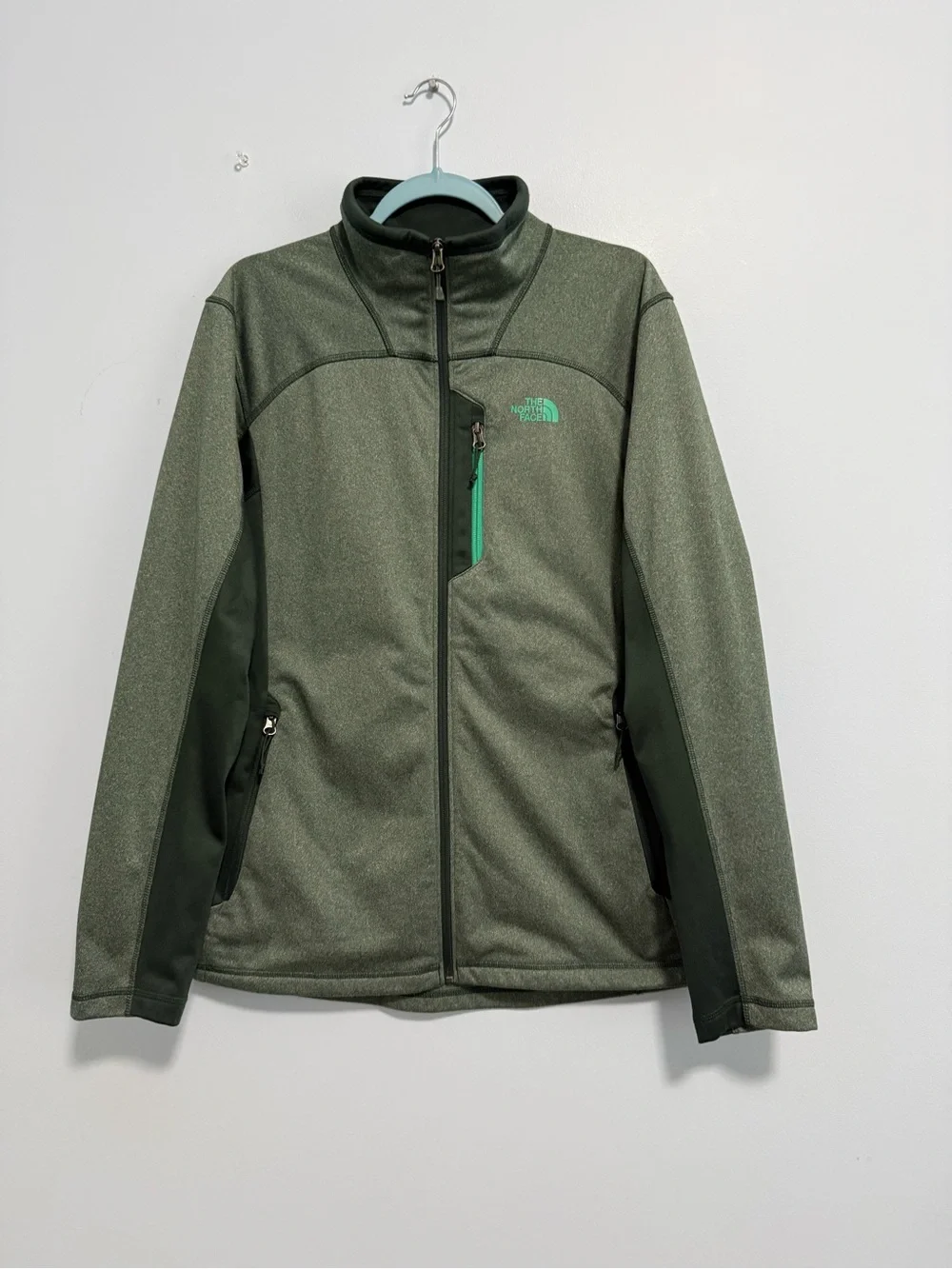 The North Face Men’s L Full Zip Fleece Jacket Green Black Zip Pockets